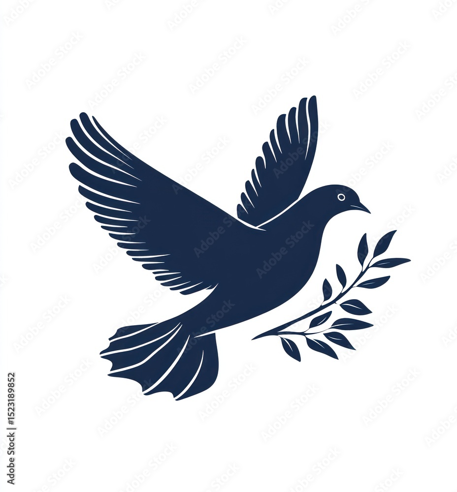 Obraz premium Dark-blue silhouette of a dove in flight, with olive branch