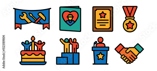 Flat vector icons of labor appreciation and celebration: Labor Day banner, thank-you card to workers, appreciation award plaque, best employee medal, team celebration cake, workforce milestone icon,