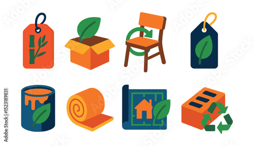 Flat vector icons of sustainable materials and design: bamboo product label, biodegradable packaging icon, upcycled furniture, eco clothing tag, low VOC paint can, natural insulation roll, green