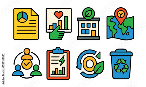 Flat vector icons of sustainable business practices: ESG report file, corporate responsibility chart, green certified office, sustainable sourcing map, ethical supply chain icon, energy audit form,