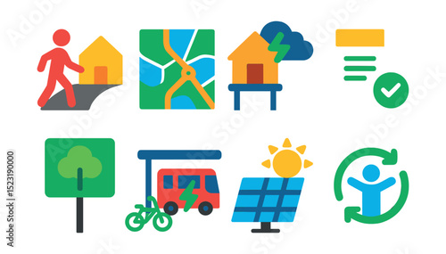 Flat vector icons of sustainable community planning: walkable neighborhood icon, green infrastructure map, climate-resilient housing, sustainable zoning document, public green space sign, low-carbon