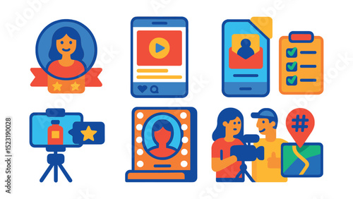 Flat vector icons of influencer content creation: creator badge icon, sponsored post layout, collaboration email screen, brand deal checklist, product review setup, camera-ready makeup mirror, behind