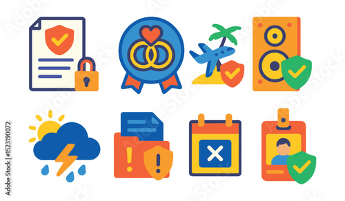 Flat vector icons of seasonal and event insurance: event insurance contract, wedding policy badge, holiday travel coverage, festival equipment protection, seasonal weather risk icon, special event