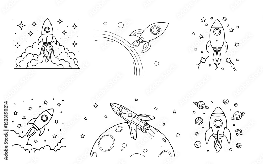 Naklejka premium Rocket illustrations flying in space with stars and planets 