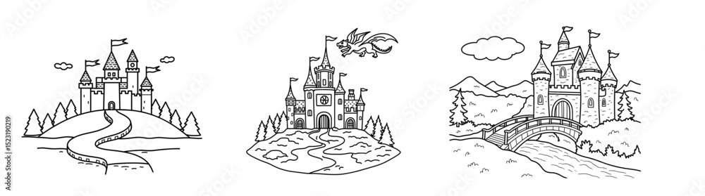 Fototapeta premium Three castle illustrations with a dragon flying above in a fairytale concept of children's coloring set 