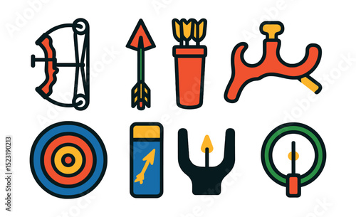 Flat vector icons of bowhunting and archery: compound bow icon, arrow with broadhead, quiver with arrows, release aid trigger, archery target, bowstring wax, arrow rest symbol, sight pin icon.