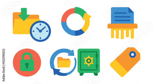 Flat vector icons of data retention and lifecycle: data archive folder, retention policy clock, lifecycle stage chart, expired file shred icon, secure delete badge, automated cleanup cycle, long-term