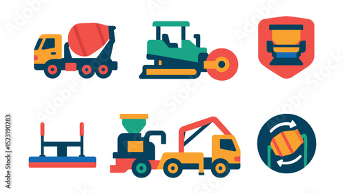 Flat vector icons of concrete and asphalt machines: concrete mixer truck, paver machine icon, road roller with drum, asphalt spreader badge, screed unit symbol, curb machine, cement pumping vehicle,