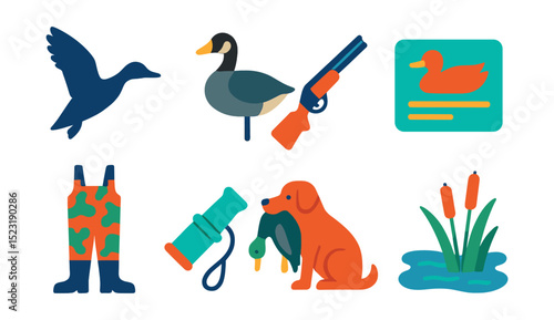 Flat vector icons of bird hunting and waterfowl: duck silhouette in flight, goose decoy setup, shotgun with choke, bird hunting permit, camouflage waders, bird call whistle, retriever dog with duck,