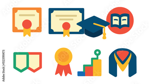 Flat vector icons of degrees and academic levels: associate degree icon, bachelor’s diploma, master’s degree cap, PhD thesis badge, dual degree symbol, honors ribbon, degree path chart, graduate hood