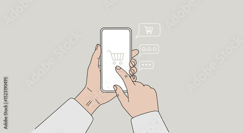  Hands holding smartphone with shopping cart icon for ecommerce and digital retail apps with copy space