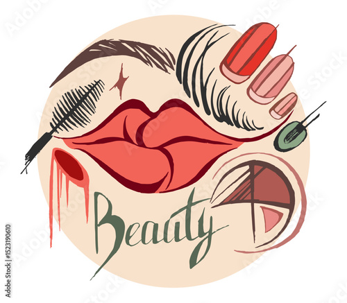 Makeup products realistic vector illustration. Facial cosmetics isolated on abstract geometric background. Advertising mockup, beauty banner template for online store, offer, sale, branding.