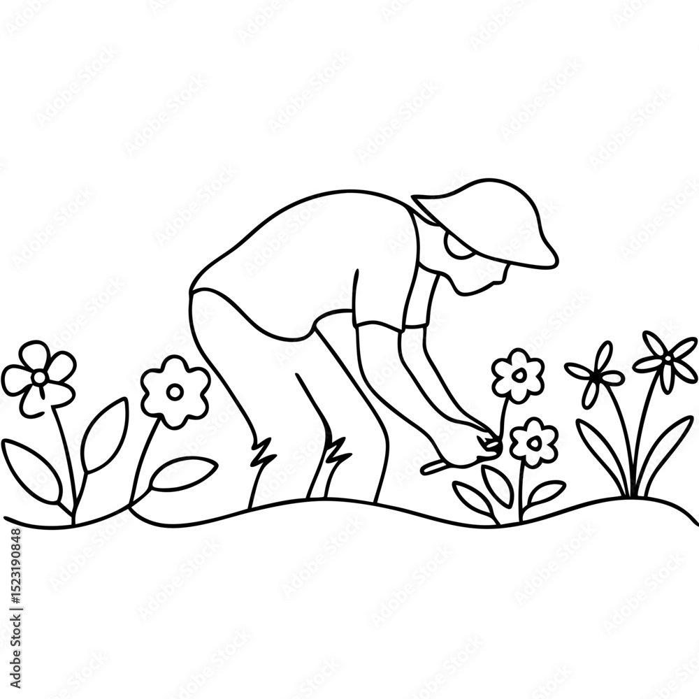 Obraz premium Gardener planting flowers in garden. Person tending flowers and plants, showing care and dedication. Gardening concept image for blogs, websites, and publications.