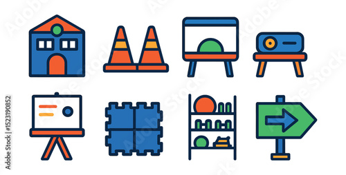 Flat vector icons of training infrastructure and equipment: training facility building, practice field cones, indoor training zone, AV projector setup, whiteboard stand, mat flooring icon, equipment