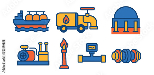 Flat vector icons of gas transport and logistics: LNG tanker ship, gas delivery truck icon, gas pipeline junction, underground gas storage dome, compressor skid unit, gas terminal flare stack, flow