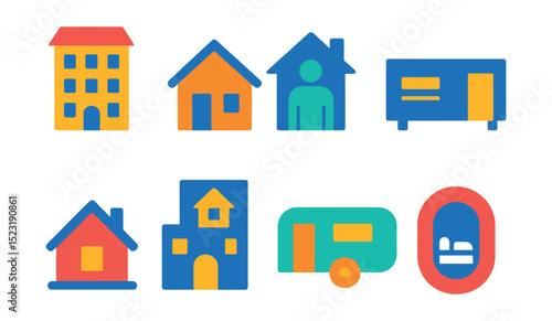 Flat vector icons of housing and shelter infrastructure: residential apartment block, low-income housing unit, homeless shelter icon, temporary housing container, rural home icon, housing authority