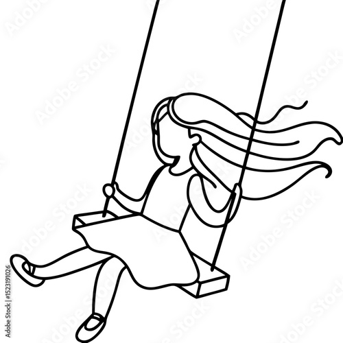 Girl sitting on swing set enjoying carefree childhood fun. Happy girl swinging high on playground equipment, feeling wind in hair.  Sweet image perfect for children's book illustration,