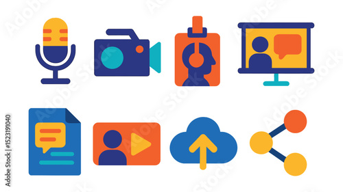 Flat vector icons of speech recording and distribution: audio recording mic, video lecture camera, podcast speaker badge, recorded session screen, speech transcription document, YouTube talk