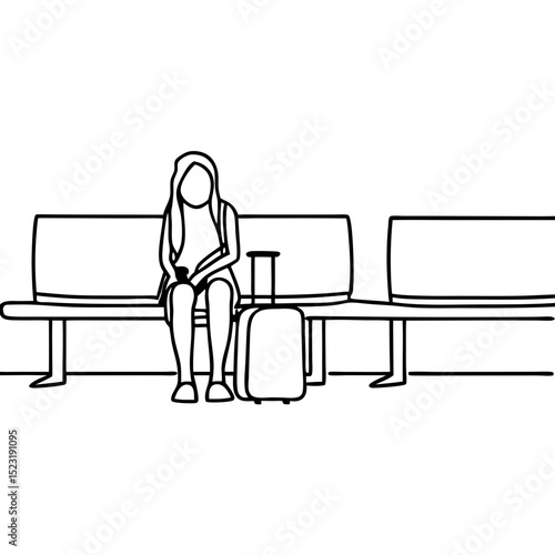 Girl sitting with suitcase at station waiting for departure. Young woman passenger sits on bench at railway station holding phone. Girl waits for train using smartphone.