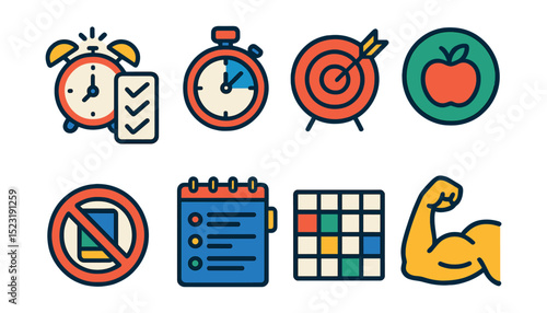 Flat vector icons of personal productivity habits: morning routine checklist, focus timer, goal tracker icon, healthy habit badge, distraction blocker, daily planner layout, time blocking chart, self