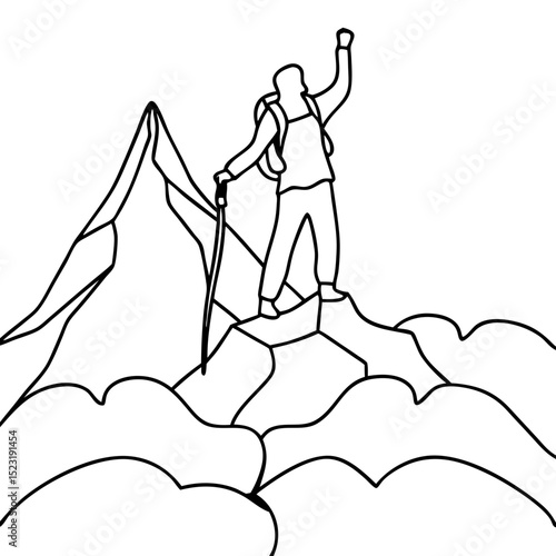 Hiker reaching mountain peak, celebrating success on top of rocky summit. Climber achieves goal, enjoying panoramic view from highest point.