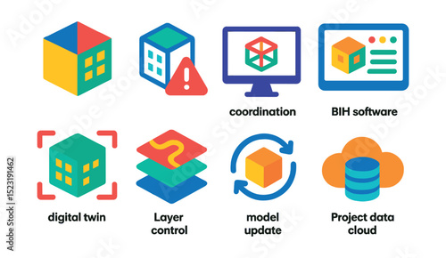 Flat vector icons of building information modeling (BIM): 3D building model cube, clash detection alert, coordination view screen, BIM software dashboard, digital twin scan, layer control map, model