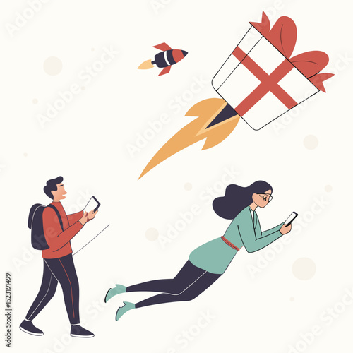 Gift rocket illustration two people