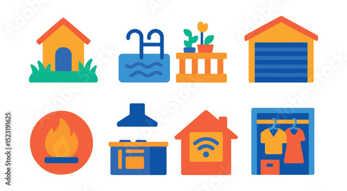 Flat vector icons of home features and amenities: backyard lawn icon, swimming pool outline, balcony with plants, garage door symbol, fireplace badge, modern kitchen icon, smart home system, walk-in