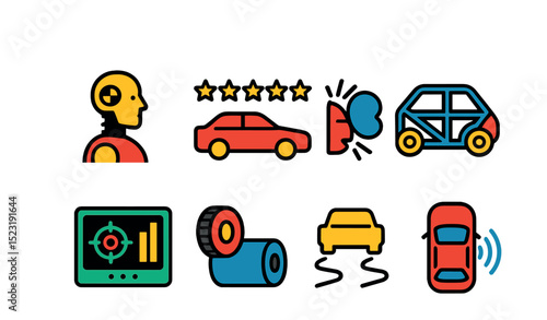 Flat vector icons of safety and testing in car production: crash test dummy icon, safety rating stars, airbag deployment test, roll cage structure, impact sensor test screen, brake test drum,