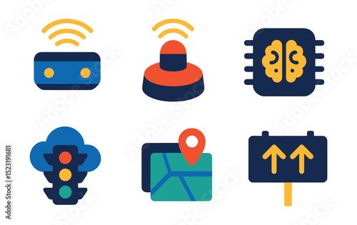 Flat vector icons of autonomous and connected vehicles: self-driving sensor module, LiDAR dome icon, onboard AI unit, vehicle-to-vehicle (V2V) signal, traffic data cloud, lane centering camera,