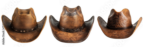 Set of Realistic product photo of a well-worn brown cowboy hat with detailed brim stitching and metal embellishments on pure on transparent png background. Ai generated