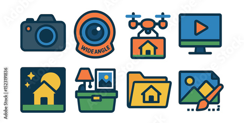 Flat vector icons of real estate photography and media: professional camera icon, wide-angle lens badge, drone photo capture, video walkthrough screen, twilight photography symbol, staging kit icon,