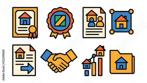 Flat vector icons of property ownership and rights: title certificate icon, land use rights badge, co-ownership document, property boundary line, easement file, deed transfer handshake, ownership