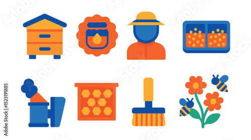 Flat vector icons of beekeeping and pollination: beehive box icon, honey jar badge, beekeeper suit symbol, pollen collector tray, hive smoker tool, honeycomb frame, bee brush, flowering plant with
