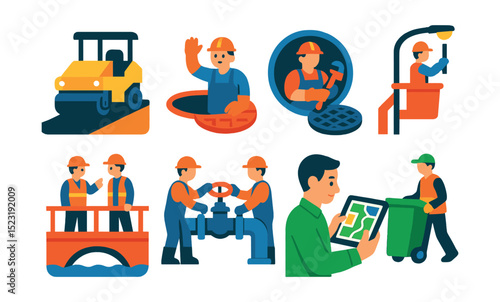 Flat vector icons of infrastructure and public work labor: road paver with asphalt, utility technician in manhole, sewer maintenance worker, streetlight repair bucket, bridge inspection crew, water