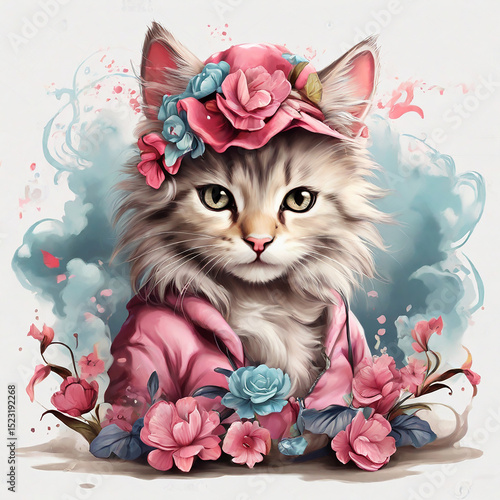 Wallpaper Mural Cute Fluffy Cat in Pink Outfit with Floral Hat Illustration Torontodigital.ca