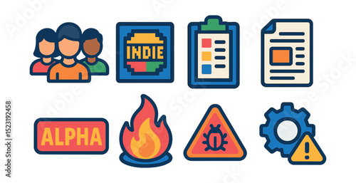 Flat vector icons of game studio and developer culture: dev team avatar row, indie game pixel icon, coding sprint board, patch note sheet, alpha build stamp, game jam fire icon, bug tracker alert,
