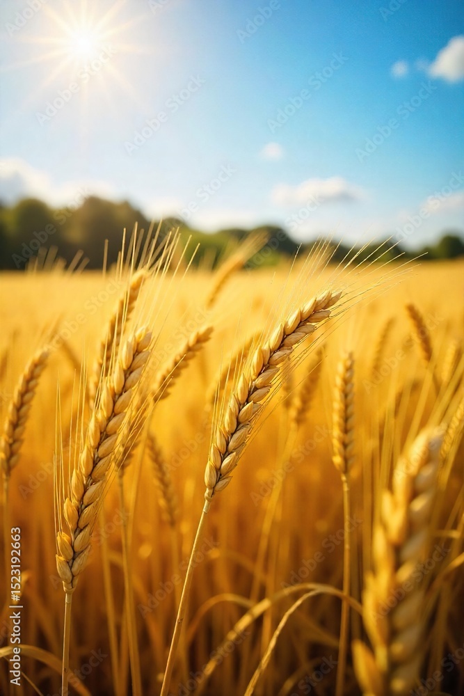 Fototapeta premium Golden barley stalks sway gently in a vast wheatfield under a summer sun The ripe grain heads are heavy, promising a bountiful harvest A picturesque rural landscape scene , grain, abundance, nature