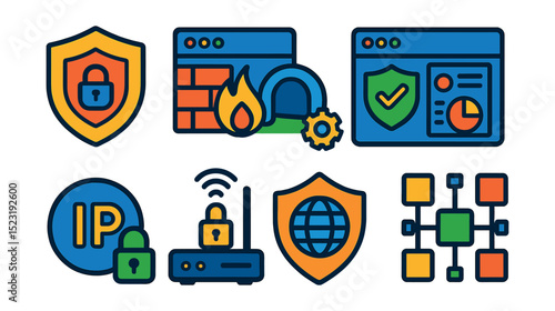 Flat vector icons of network security: VPN shield icon, firewall settings panel, private network tunnel, internet security dashboard, IP address protection, secure Wi-Fi router icon, DNS protection