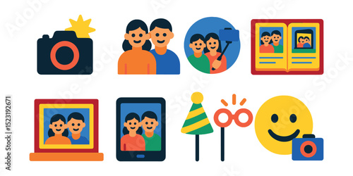 Flat vector icons of family photo moments: camera with flash icon, group photo pose, selfie stick badge, printed photo album, photo frame on shelf, digital gallery icon, festive photo props, smile