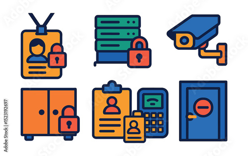 Flat vector icons of physical data security: data center badge access, secure server rack icon, surveillance camera symbol, shredder machine for files, locked storage cabinet, visitor log clipboard,