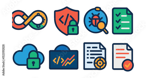 Flat vector icons of secure software development: DevSecOps pipeline icon, secure coding shield, vulnerability scanner badge, code review checklist, secure deployment cloud, penetration test report,