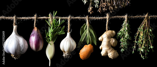 Dried Herbs And Spices Hanging On String