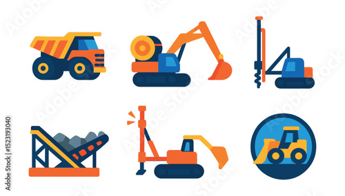 Flat vector icons of mining and quarry equipment: large dump truck icon, rock crusher machine, hydraulic mining shovel, surface drill rig, crushing plant conveyor, blast hole drill, overburden