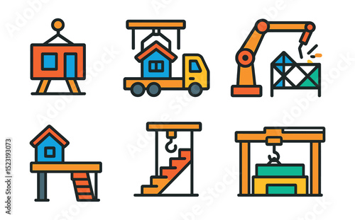 Flat vector icons of prefabrication machinery: wall panel hoist, prefab module loader, concrete precast mold machine, steel frame welding robot, modular housing platform, pre-assembled staircase lift