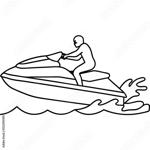 Exciting jet ski ride on ocean waves. Person enjoys fast watercraft adventure. Summer water sports activity. Jet skiing is perfect for thrill-seekers.