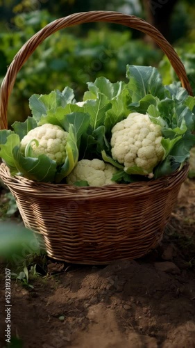 Freshly harvested cauliflower in wicker basket sits on rich soil in a field of green plants in the countryside