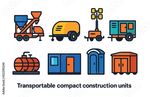 Flat vector icons of transportable compact construction units: mobile batching plant icon, towable compressor trailer, mobile lighting mast, generator on trailer, fuel tank skid, office container