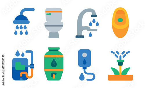 Flat vector icons of water-efficient plumbing fixtures: low-flow showerhead, dual-flush toilet, sensor faucet, waterless urinal, greywater recycling system, rainwater collection barrel, leak detector