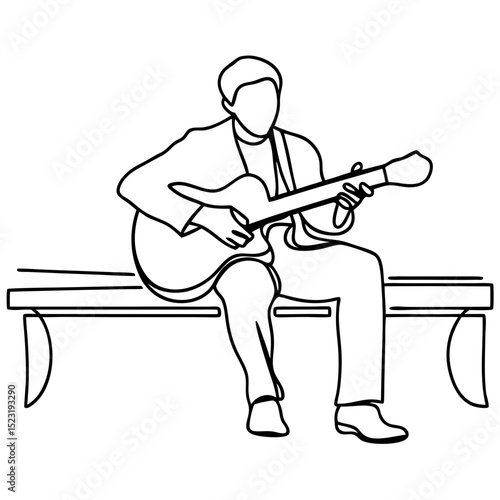 Man playing acoustic guitar sitting on park bench. Musician serenades passersby with soulful melodies.  This simple line drawing of man playing guitar is perfect for music websites and blogs.